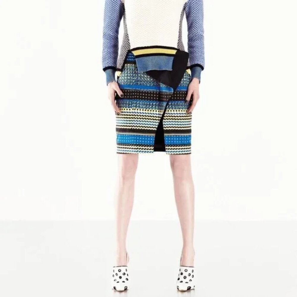 Prabal Gurung Blue Black Yellow Layered Front Patterned Pencil Skirt